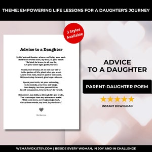 De padres a hijas, Consejos para una hija, Poema para hija en descarga digital, Arte mural imprimible, Regalo único para baby shower y cumpleaños.