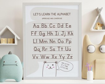 Alfabetposter voor kinderen – Afdrukbaar ABC-diagram met hoofdletters en kleine letters, educatieve muurkunst voor kinderdagverblijf, speelkamer, klaslokaal