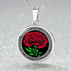 Collar con flores de nacimiento de enero, colgante floral de clavel rojo personalizado, joyería celta grabable, regalos de aniversario y cumpleaños para ella