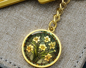 Jonquil Keychain, Necklace or Bangle Bracelet - Personalized March Birth Flower Pendant Jewelry - Silver or Gold Floral Charm Gift For Her