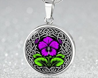 Collana con ciondolo viola, braccialetto rigido o portachiavi - Gioielli floreali per la nascita di febbraio in argento o oro - Regalo con ciondolo floreale personalizzato per lei