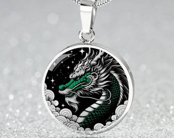 Jadedrakehängehalsband, armband eller nyckelring - Personliga gröna drakesmycken - Silver- och guldpresenter med kinesiska zodiakens berlocker