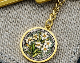 Jonquil Keychain, Necklace or Bangle Bracelet - Personalized March Birth Flower Pendant Jewelry - Silver or Gold Floral Charm Gift For Her