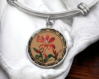 Honeysuckle Bracelet, Necklace or Keychain - June Birth Flower Pendant Jewelry, Silver or Gold Floral Charm Bangle Birthday Gift For Her