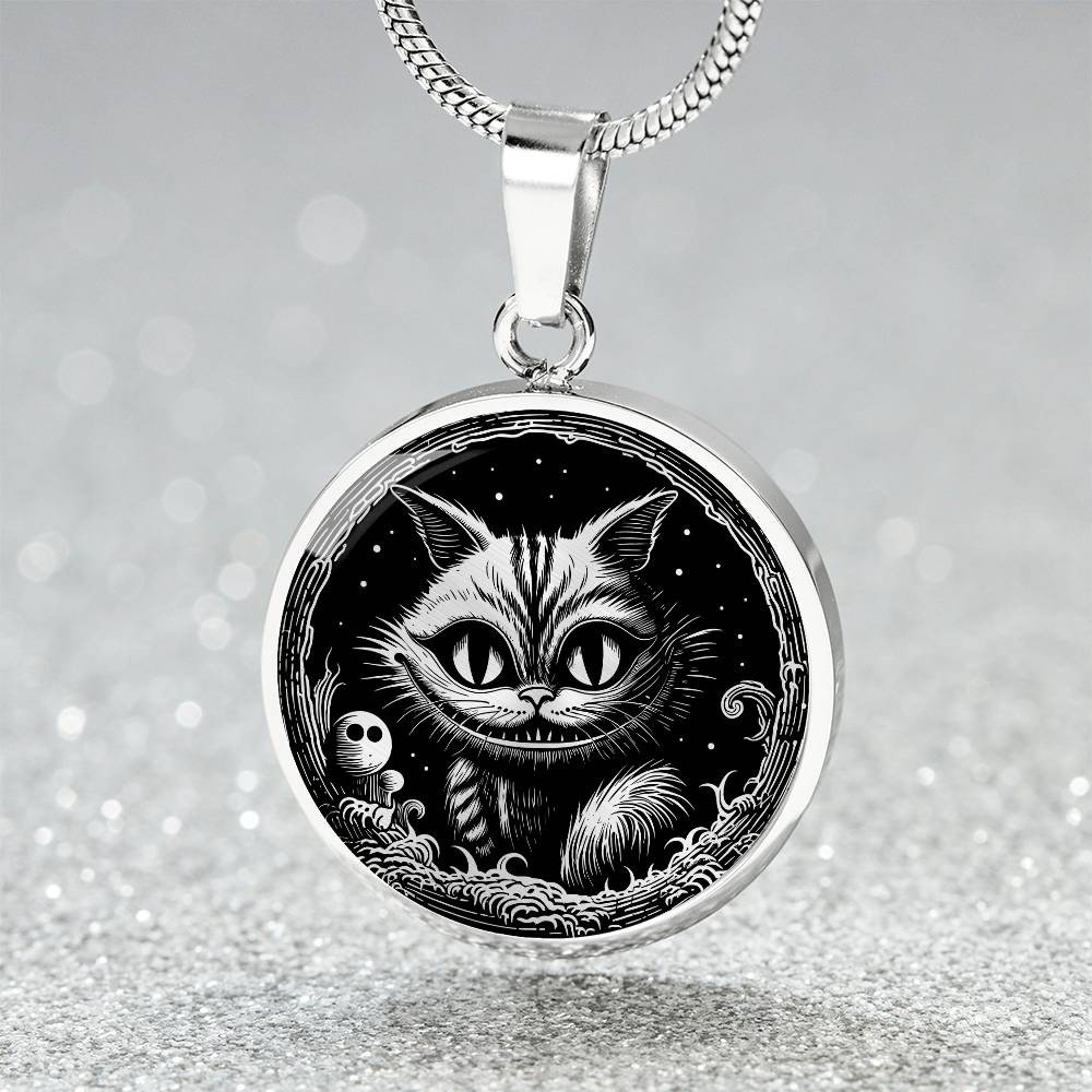 Cheshire Cat Necklace, Personalized Halloween Charm Pendant, Engravable Gothic Jewelry Gift For Her or Him, Spooky Goth Spirit Companion