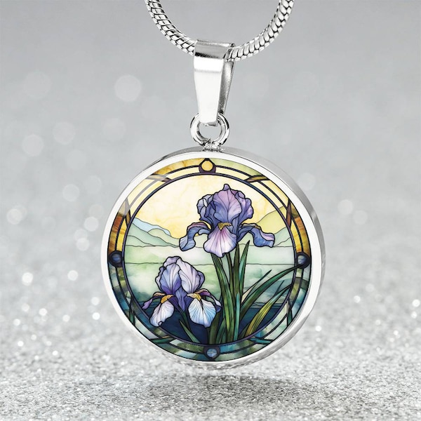 Iris Necklace, Personalized February Birth Month Flower Jewelry, Engraved Floral Valentines & Mothers Day Gift, Nature Lover Charm Pendant
