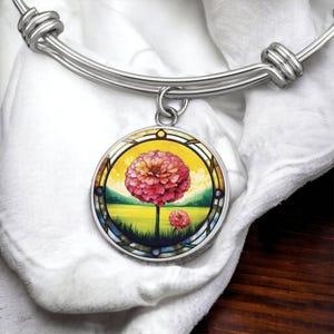 Pink Marigold Bracelet, Necklace or Keychain - October Birth Flower Pendant Jewelry - Gold Floral Charm Bangle Birthday Gift For Her