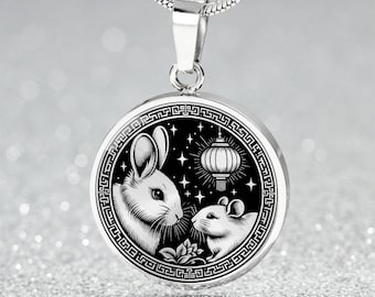 Year of The Rabbit Necklace, Chinese Zodiac Animal Jewelry Gift, Lunar New Year 2024 Pendant, Engraved  Spirit Companion Rat Necklace