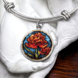 Carnation Bracelet, Necklace or Keychain - Personalized January Birth Flower Pendant Jewelry - Silver or Gold Floral Charm Gift For Her