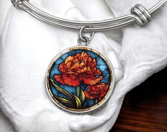 Pulseira, colar ou chaveiro de cravo - Pingente de flor de nascimento personalizado em janeiro - Presente com pingente floral de prata ou ouro para ela