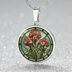 Carnation Pendant Necklace, Bangle Bracelet or Keychain -  Personalized January Birth Flower Jewelry - Silver or Gold Floral Gift For Her
