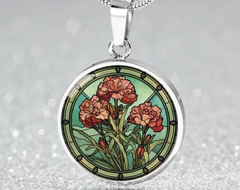 Carnation Pendant Necklace, Bangle Bracelet or Keychain -  Personalized January Birth Flower Jewelry - Silver or Gold Floral Gift For Her