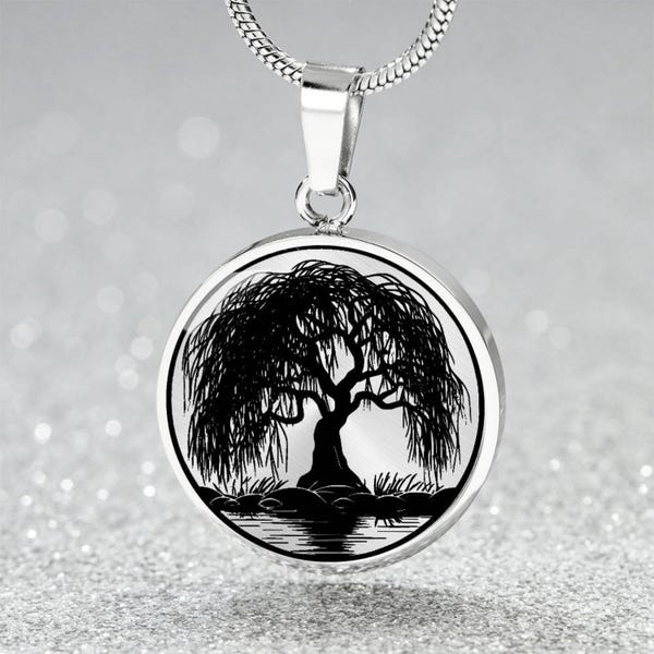 Weeping Willow Tree Necklace, Personalized Memorial Jewelry, Gold Mourning Charm Pendant, Healing Immortality & Rebirth Gift For Her or Him