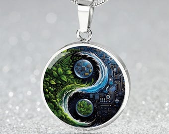 Yin Yang Pendant Necklace, Circuit Board & Nature Design, Symbol of Balance Jewelry, Eco Tech Meaningful Gift for Her or Him