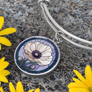 Anemone Bracelet, Necklace or Keychain - Personalized February Birth Month Flower Pendant Jewelry - Silver or Gold Floral Charm Gift For Her