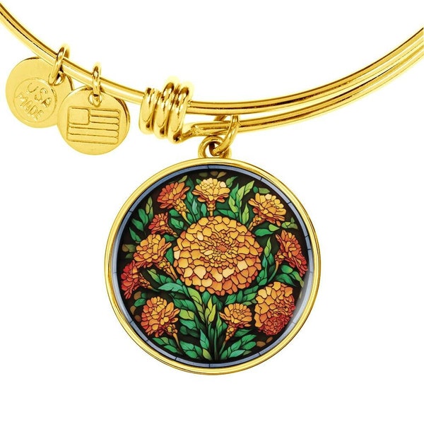 Marigold Bracelet, Personalized October Birth Month Flower Jewelry, Engraved Gold Floral Charm Pendant Valentines & Mothers Day Gift For Her