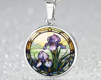 Purple Iris Necklace, Personalized February Birth Month Flower Jewelry, Nature Lover Floral Charm Pendant Valentines & Birthday Gift For Her