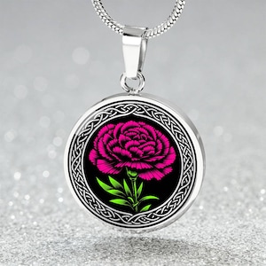 Carnation Pendant Necklace, Bracelet or Keychain - Silver or Gold January Birth Flower Jewelry - Celtic Floral Charm Birthday Gift For Her