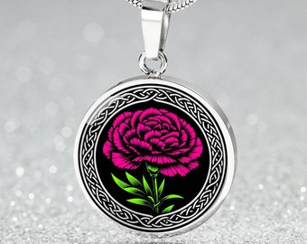 Colar, pulseira ou chaveiro com pingente de cravo - Joia em prata ou ouro, flor de nascimento de janeiro - Presente de aniversário com charme floral celta para ela
