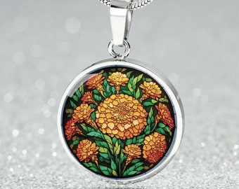 Marigold Pendant Necklace, Bangle Bracelet or Keychain - Personalized October Birth Flower Jewelry - Gold Floral Charm Birthday Gift For Her