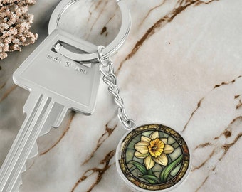 Daffodil Keychain, Personalized March Birth Month Flower Jewelry, Engraved Floral Charm Pendant Valentines & Mothers Day Gift For Her