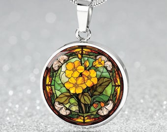 Primrose Pendant Necklace, Bangle Bracelet or Keychain - February Birth Flower Jewelry - Silver or Gold Floral Charm Birthday Gift for Her