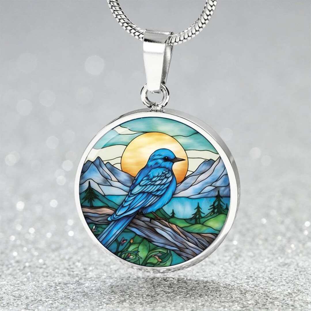 Bluebird Necklace, Personalized Golden Blue Bird Jewelry, Engraved