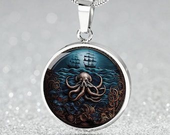 Kraken Pendant Necklace, Bangle Bracelet or Keychain – Personalized Silver or Gold Pirate Charm Jewelry – Nautical Gift for Men & Women