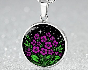 Collana con ciondolo viola, braccialetto rigido o portachiavi - Gioielli floreali per la nascita di febbraio in argento o oro - Regalo con ciondolo floreale personalizzato per lei
