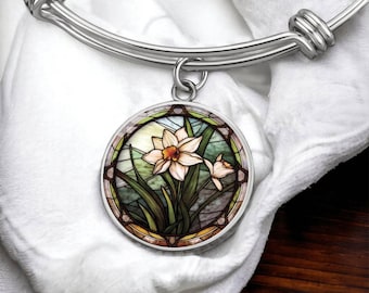 Narzisse Armband, Halskette oder Schlüsselanhänger - Dezember Geburt Blume Anhänger Schmuck - Silber oder Gold Floral Charm Armreif Geburtstagsgeschenk für Sie