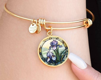 Purple Iris Bracelet, Personalized February Birth Month Flower Jewelry, Gold Floral Charm Pendant Anniversary & Birthday Gift For Her
