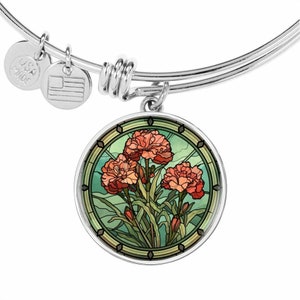Carnation Bracelet, Necklace or Keychain - Personalized January Birth Flower Pendant Jewelry - Silver or Gold Floral Charm Gift For Her