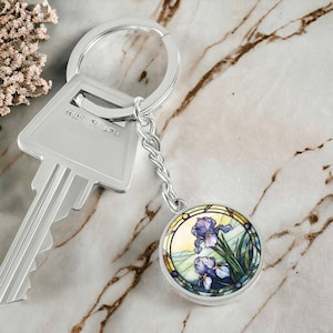 Iris Keychain, Necklace or Bracelet - Personalized February Birth Flower Pendant Jewelry - Gold or Silver Floral Charm Birthday Gift For Her