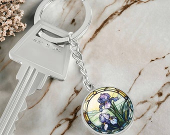 Iris Keychain, Necklace or Bracelet - Personalized February Birth Flower Pendant Jewelry - Gold or Silver Floral Charm Birthday Gift For Her