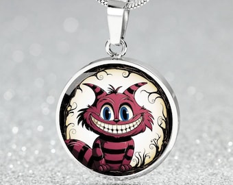 Collier, bracelet ou porte-clés avec pendentif chat du Cheshire - Cadeau personnalisé bijoux animal esprit - Pendentif à breloque chat rouge en argent ou en or