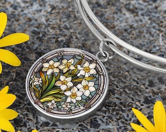 Jonquil Bracelet, Personalized March Birth Month Flower Jewelry, Engraved Gold Floral Charm Pendant Valentines & Mothers Day Gift For Her
