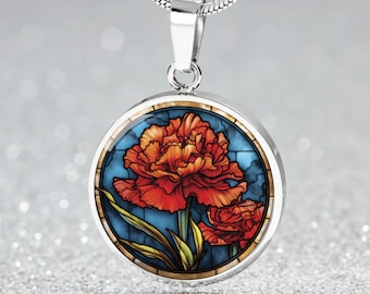 Carnation Necklace - January Birth Flower Pendant Necklace, Bracelet or Keychain - Bithflower Jewelry Gifts For Her Birthdays & Mothers Day