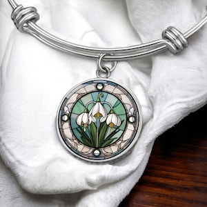 Snowdrop Bracelet, Necklace or Keychain - January Birth Flower Pendant Jewelry - Gold or Silver Floral Charm Bangle Birthday Gift For Her