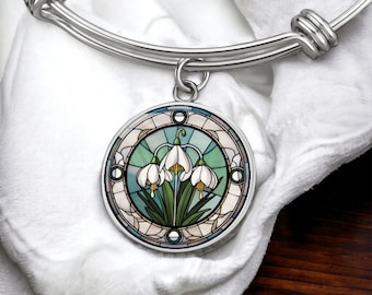 Snowdrop Bracelet, Necklace or Keychain - January Birth Flower Pendant Jewelry - Gold or Silver Floral Charm Bangle Birthday Gift For Her