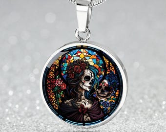 Día de los Muertos Pendant Necklace, Bracelet or Keychain - Personalized Halloween Jewelry - Silver or Gold Spooky Charm Gift For Her or Him