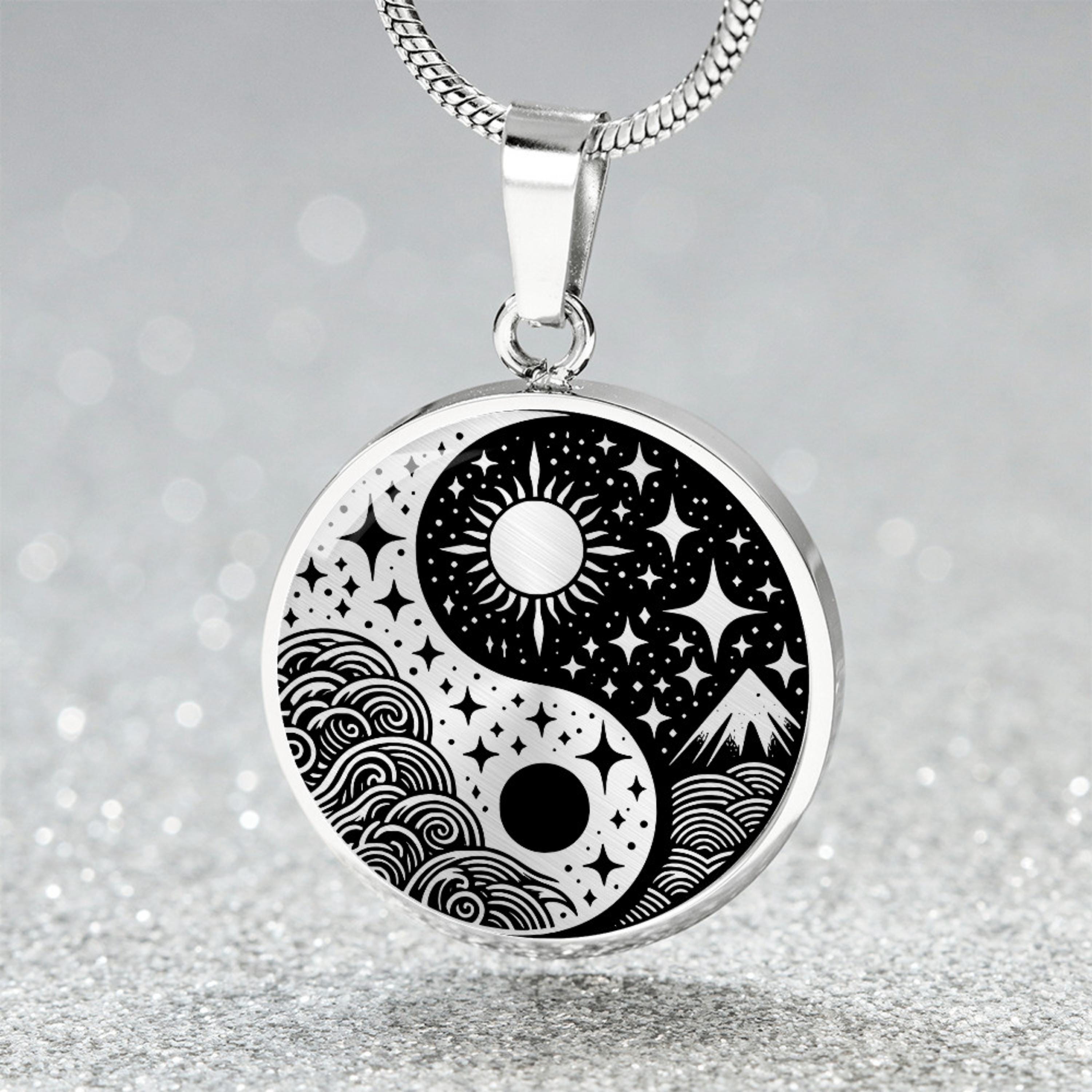 Collana Yin Yang Sole Luna - Acciaio Inox Argento Nero - Ciondolo Amuleto 35mm - 2