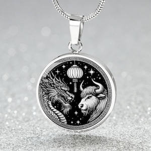 Dragon & Ox Necklace For Men and Women - Silver Couples Chinese Zodiac Animal Charms - Gold Ox Pendant Necklace Bangle Bracelet or Keychain