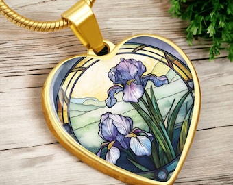 Paarse irisketting, gepersonaliseerde februari geboortemaand bloemensieraden, gouden natuur bloemenbedelhanger verjaardag en verjaardagscadeau voor haar