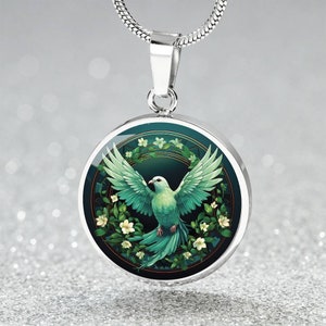 Emerald Dove Necklace, Personalized Gold Bird Jewelry, Engraved Dove Charm Pendant, Gold Holy Spirit Companion Bird Lover Gift For Her