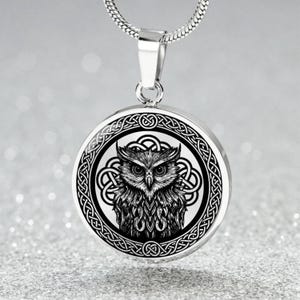 May include: Silver necklace with a round pendant featuring a black and white owl design inside a Celtic knot.