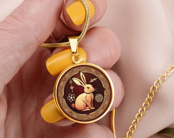 18金(750)彫刻済み YEAR OF THE RABBIT PENDANT Year of the Rabbit Necklace, Personalized Chinese Zodiac