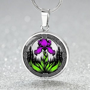 Iris Pendant Necklace, Bangle Bracelet or Keychain - Personalized February Birth Flower Jewelry - Silver or Gold Floral Charm Gift For Her