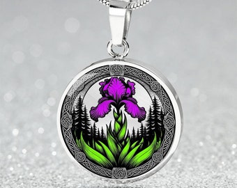Iris Pendant Necklace, Bangle Bracelet or Keychain - Personalized February Birth Flower Jewelry - Silver or Gold Floral Charm Gift For Her