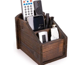 Rustic Wood Remote Control Caddy, 3 Slot Office Supply Storage Rack Desktop Organizer TV Remote Caddy