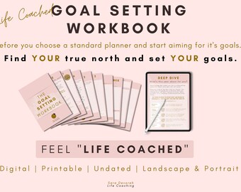 May include: A pink and gold digital goal setting workbook with the title "The Goal Setting Workbook" and the text "Find YOUR true north and set YOUR goals." The workbook is shown open with a white stylus on a tablet with the text "Deep Dive" and "What's this year about for you?"